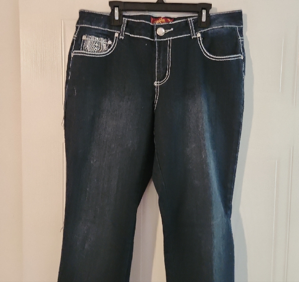 Blue Boot Cut Jeans with Contrast Stitching